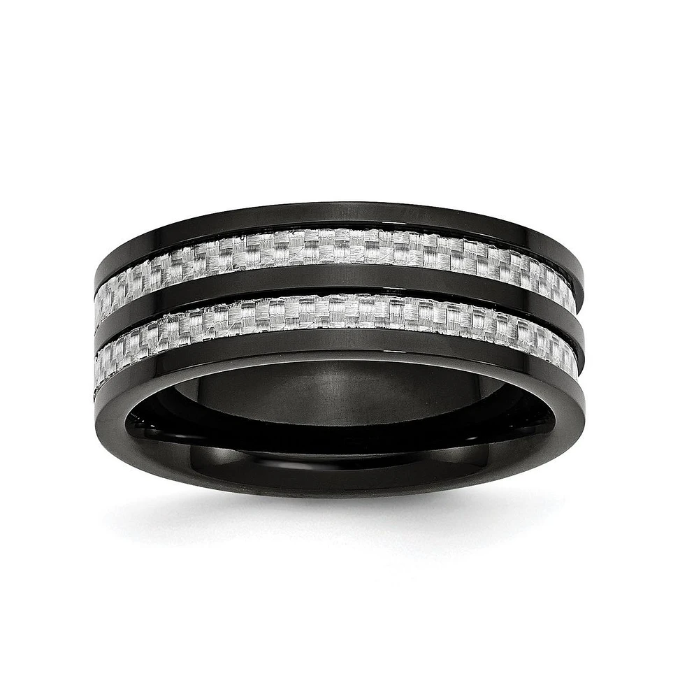 Chisel Titanium Polished Black Grey Carbon Fiber Inlay Band Ring