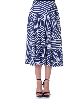 24seven Comfort Apparel Navy Geometric Print Pleated Midi Skirt With Pockets