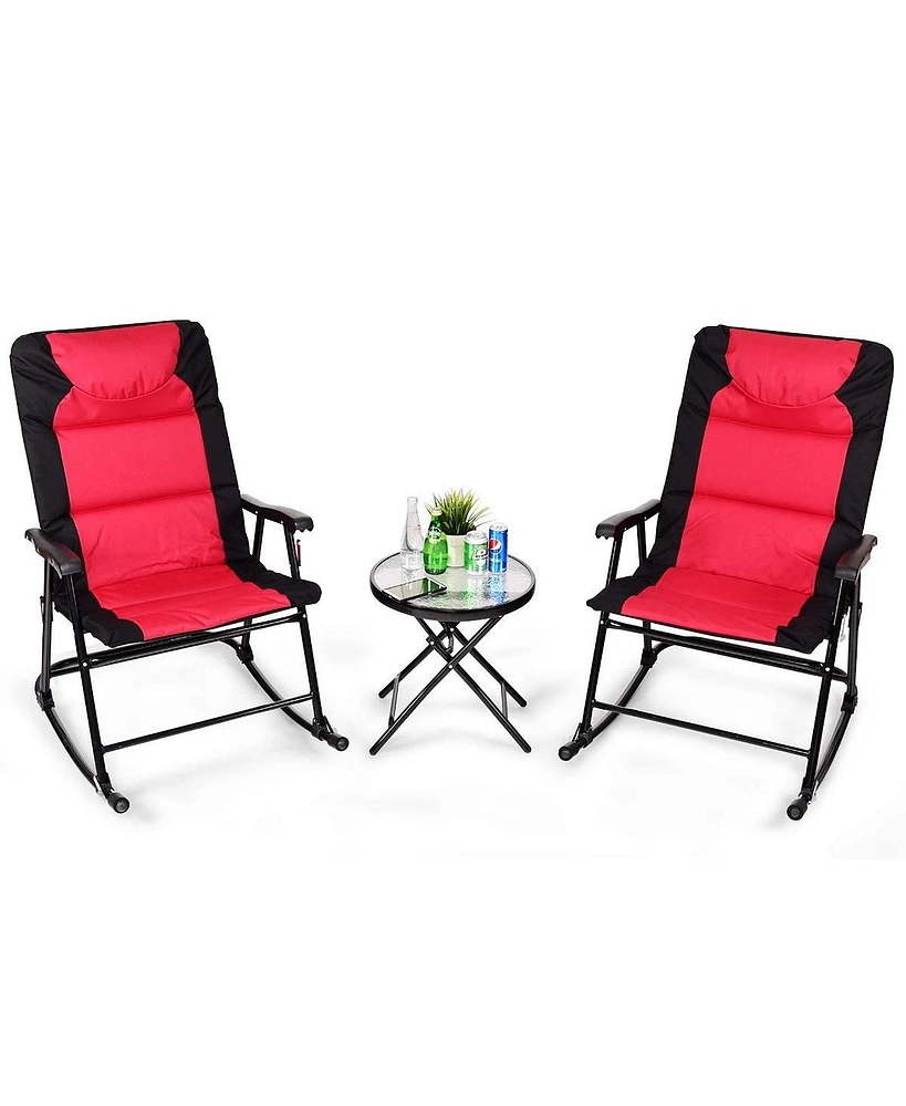 Sugift 3 Pieces Outdoor Folding Rocking Chair Table Set with Cushion