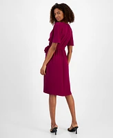 Connected Petite Surplice-Neck Faux-Wrap Flutter-Sleeve Dress