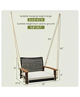 Sugift Single Rattan Porch Swing with Armrests Cushion and Hanging Ropes