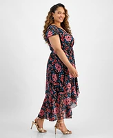 City Studios Plus Size Floral Print Flutter-Sleeve Faux-Wrap Midi Dress