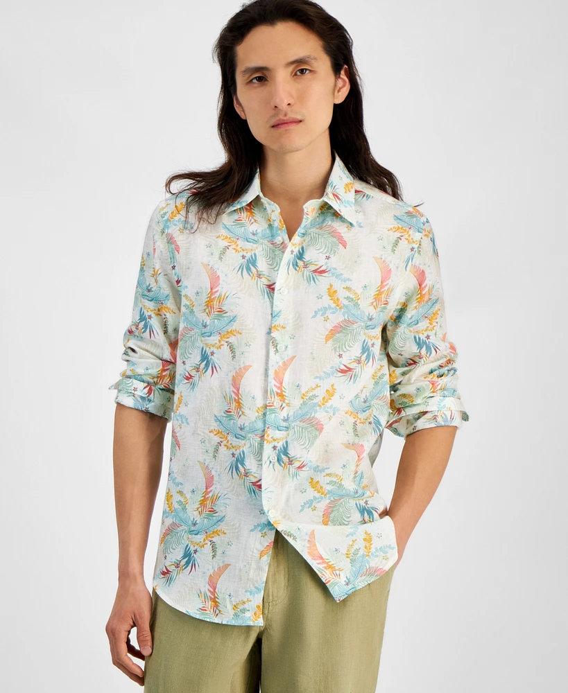 Club Room Men's Lula Regular-Fit Leaf-Print Button-Down Linen Shirt, Created for Macy's