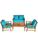 Sugift 4 Pieces Wooden Patio Sofa Chair Set with Cushion