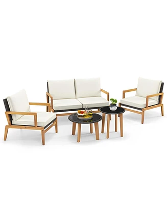Sugift 5 Piece Rattan Furniture Set Wicker Woven Sofa Set with 2 Tempered Glass Coffee Tables