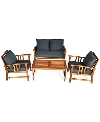 Sugift 4 Pieces Wooden Patio Sofa Chair Set with Cushion