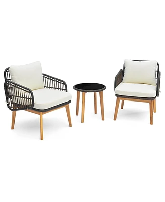 Sugift 3 Pieces Patio Furniture Set with Cushioned Chairs and Tempered Glass Side Table