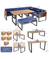 Sugift 8 Pieces Patio Acacia Wood Dining Table Set with Ottoman Cushions