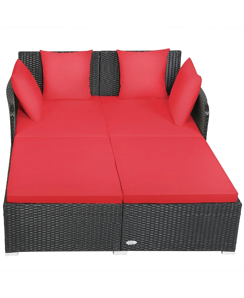 Sugift Spacious Outdoor Rattan Daybed with Upholstered Cushions and Pillows