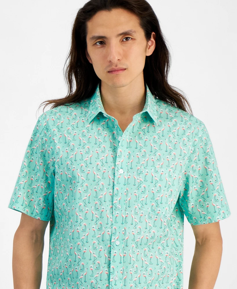 Club Room Men's Flamingo State Regular-Fit Stretch Printed Button-Down Poplin Shirt, Created for Macy's