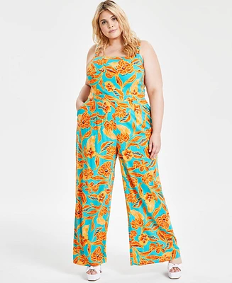 Bar Iii Trendy Plus Floral Wide-Leg Knit Jumpsuit, Created for Macy's