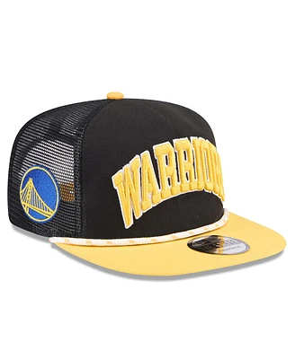 New Era Men's Black/Gold Golden State Warriors Throwback Team Arch Golfer Snapback Hat