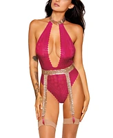 Dreamgirl Strech Lace Halter Teddy with Separate Chainmail Garter Belt