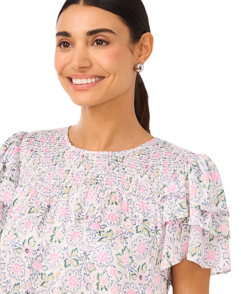 CeCe Women's Floral Smocked Yoke Flutter Sleeve Top