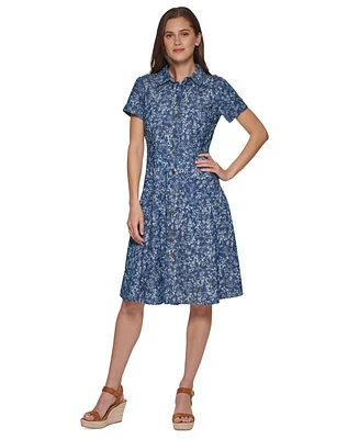 Tommy Hilfiger Women's Floral-Print Chambray Shirtdress