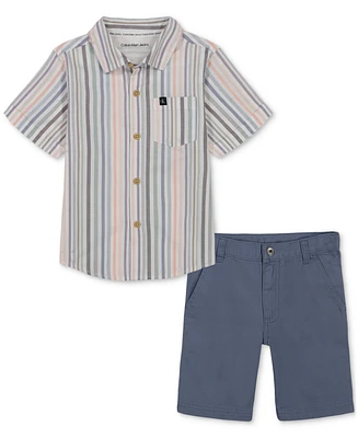 Calvin Klein Baby Boys Cotton Striped Button-Up Shirt & Twill Shorts, 2 Piece Set
