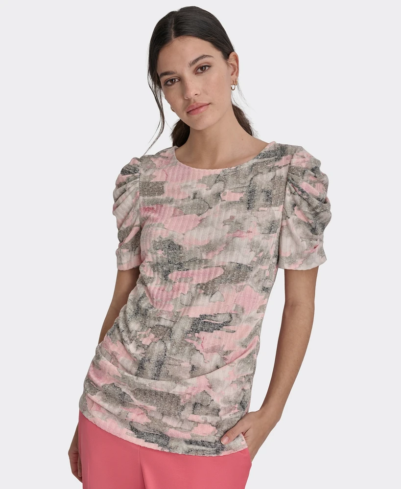 Dkny Petite Printed Crewneck Ruched-Sleeve Blouse