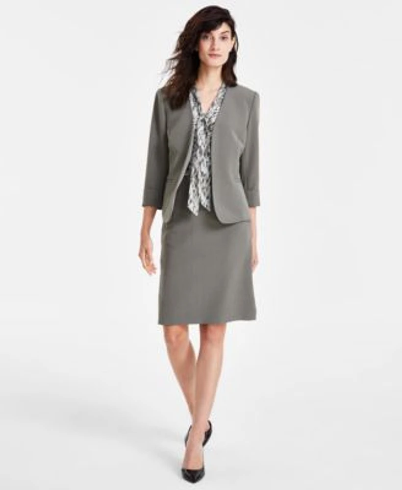 Kasper Womens Stretch Crepe Open Front Roll Sleeve Jacket Stretch Crepe Back Vent Skimmer Pencil Skirt