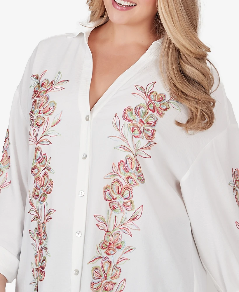 Ruby Rd. Plus Solid Embroidered Crepe Top
