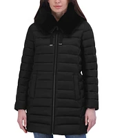 Tahari Women's Faux-Fur-Trim Hooded Packable Shine Puffer Coat