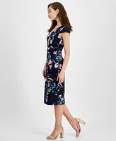 Connected Women's Printed V-Neck Scuba Crepe Sheath Dress