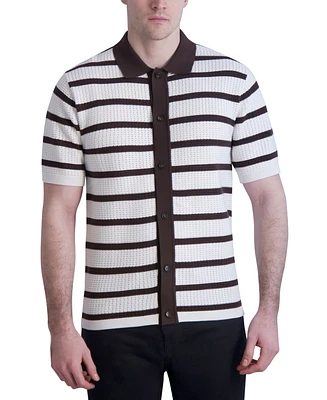 Karl Lagerfeld Paris Men's Slim-Fit Stripe Textured Sweater-Knit Button-Down Polo Shirt