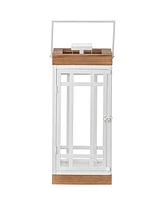 Glitzhome Set of 2 Modern Square Metal/Wood White Lanterns, 10"L X 10"W X 21.25"H