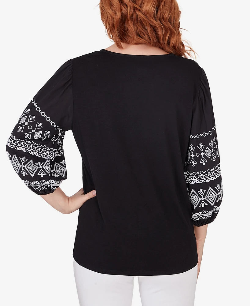 Ruby Rd. Petite Split Neck Embroidered 3/4 Sleeve Knit Top