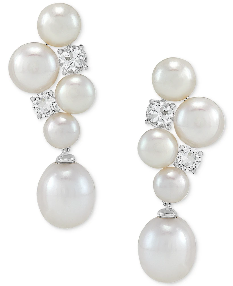 Arabella Freshwater Pearl (5-1/2-9-1/2mm) & Cubic Zirconia Cluster Drop Earrings in Sterling Silver