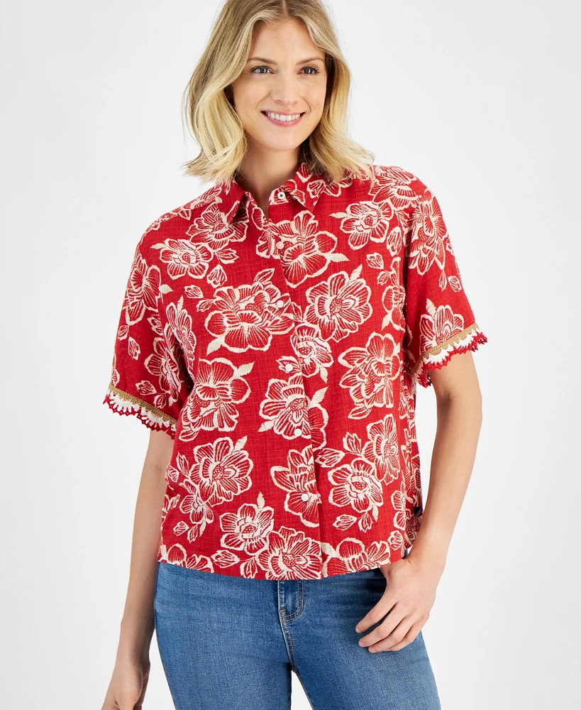 Nautica Jeans Women's Floral-Print Crochet-Trim Short-Sleeve Shirt