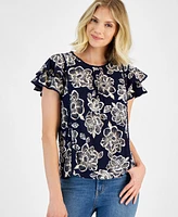 Nautica Jeans Women's Batik Rose Flutter-Sleeve Top