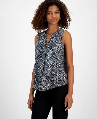 T Tahari Women's Printed Split-Neck Sleeveless Top