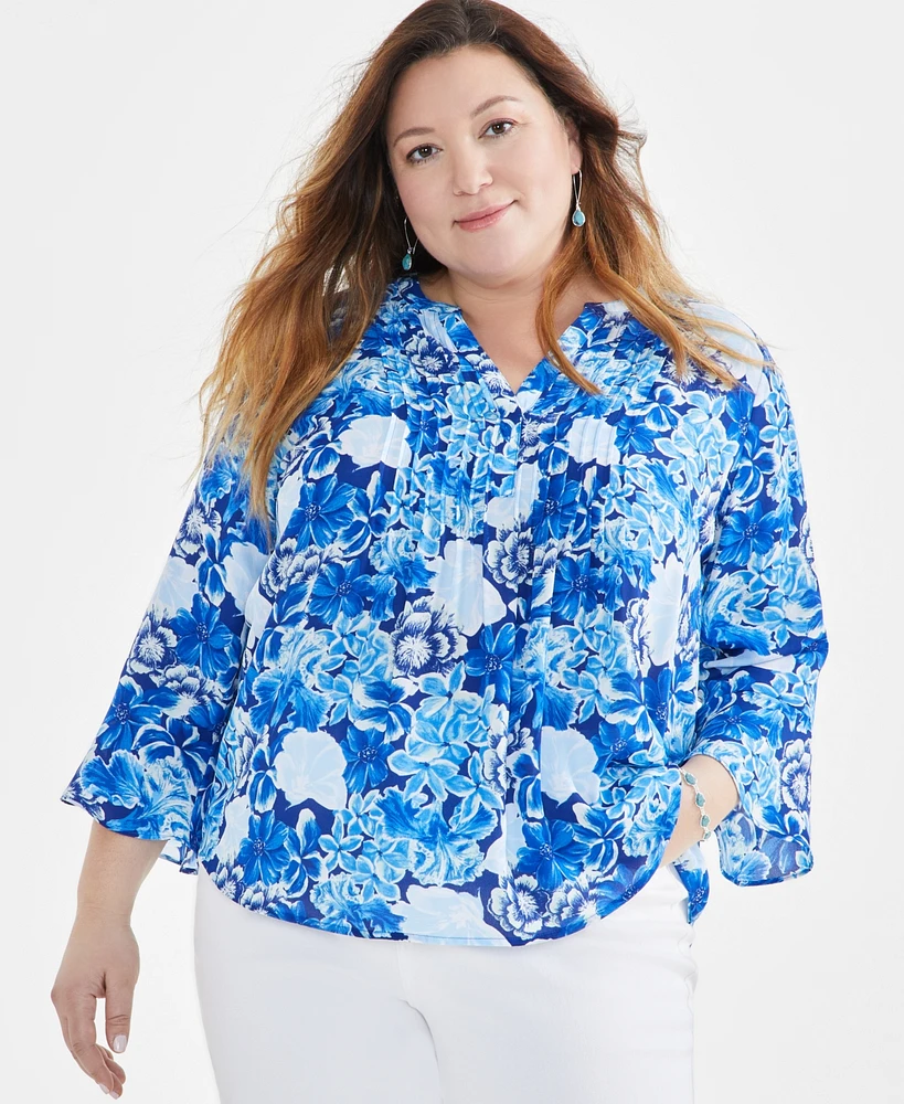 Style & Co Plus Printed Pintuck Blouse, Created for Macy's