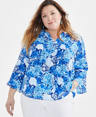 Style & Co Plus Printed Pintuck Blouse, Created for Macy's