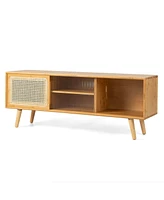 Slickblue Modern Tv Stand with Rattan Glass Sliding Doors-Natural