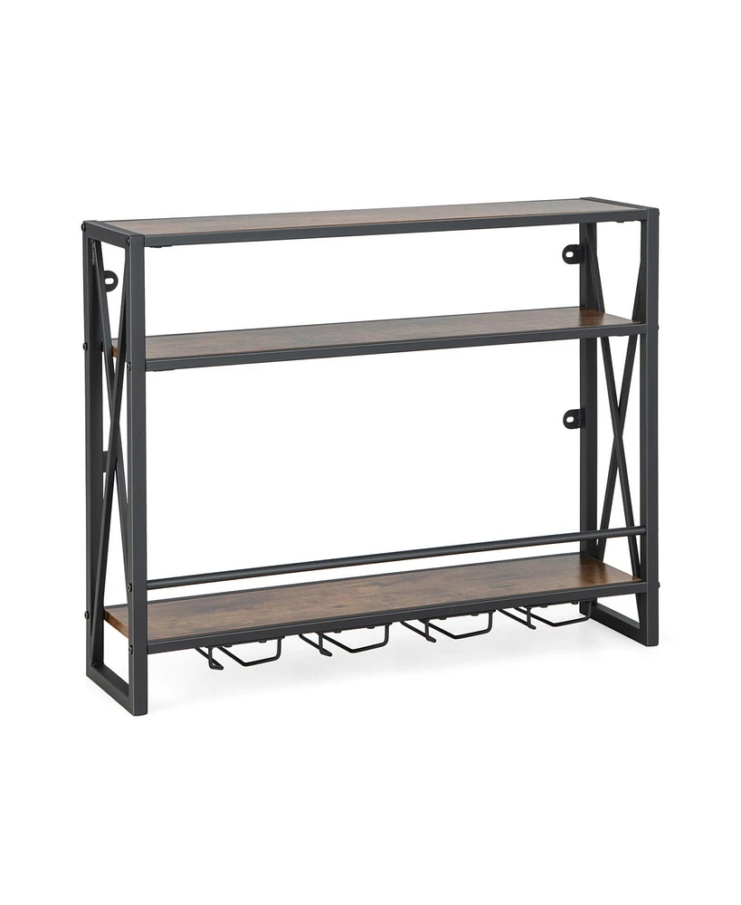 Slickblue 3-Tiers Industrial Wall Mounted Wine Rack with Glass Holder and Metal Frame