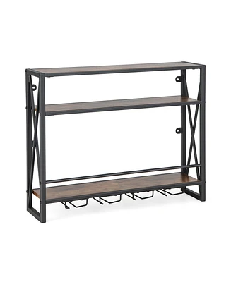 Slickblue 3-Tiers Industrial Wall Mounted Wine Rack with Glass Holder and Metal Frame