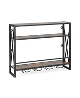 Slickblue 3-Tiers Industrial Wall Mounted Wine Rack with Glass Holder and Metal Frame