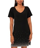 Msk Women's V-Neck Short-Sleeve Embellished-Hem Shift Dress