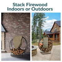 Outdoor Firewood Log Rack Hoop and Cover Set - Powder-Coated Steel Round Firewood Rack and Pvc Cover - Khaki - 40-Inch
