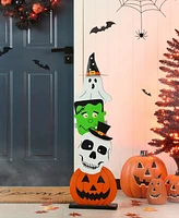 Glitzhome 36"H Halloween Wooden Stacked Ghost Frankenstein Skull Pumpkin Porch Decor