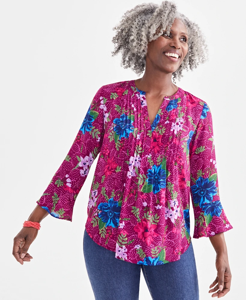 Style & Co Petite Floral-Print Pintucked Top, Created for Macy's