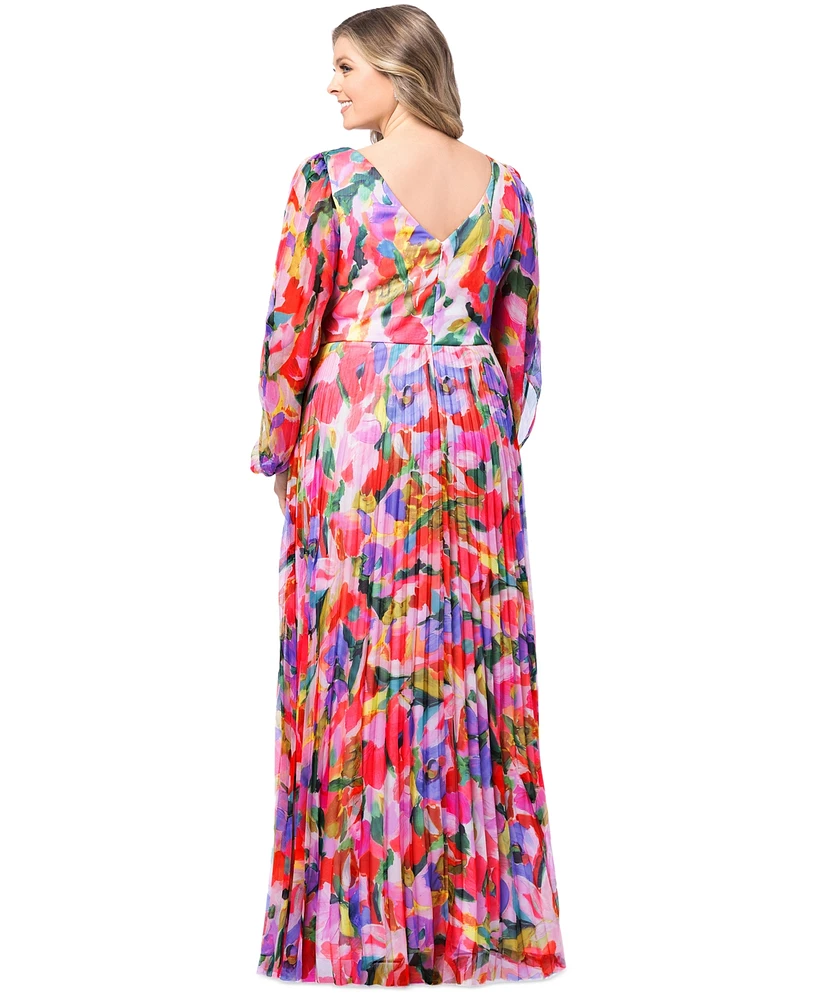 Betsy & Adam Plus Size Printed Pleated Long-Sleeve Gown