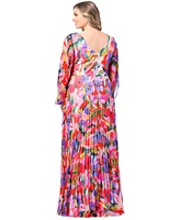 Betsy & Adam Plus Printed Pleated Long-Sleeve Gown