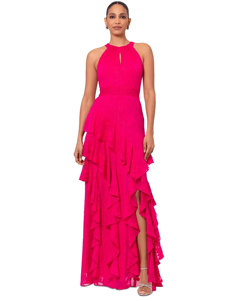 Xscape Petite Chiffon Ruffled Halter Gown