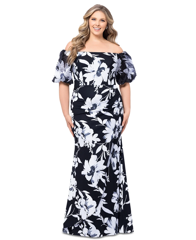 Xscape Plus Size Floral Balloon-Sleeve Off-The-Shoulder Gown