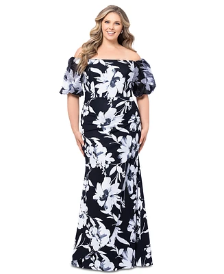 Xscape Plus Floral Balloon-Sleeve Off-The-Shoulder Gown