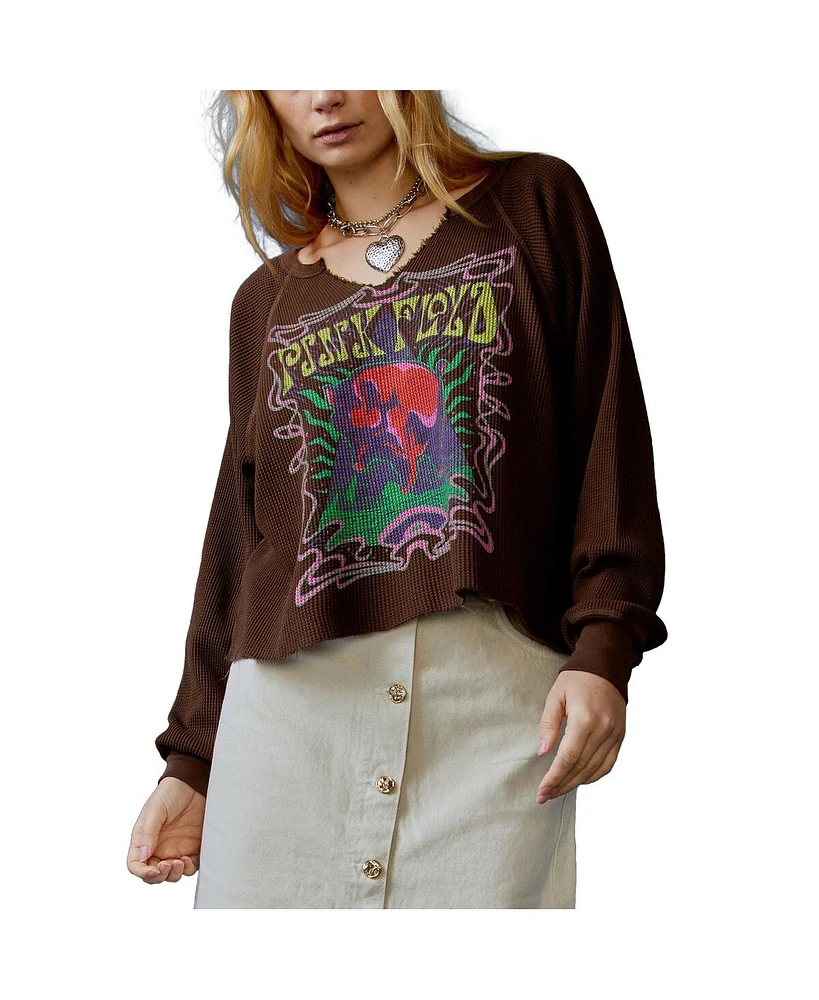 Daydreamer Women's Brown Pink Floyd Cosmic Pyramid Raw Thermal Raglan Long Sleeve T-Shirt