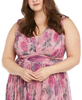 R & M Richards Plus Metallic Crinkle-Pleat Floral Dress