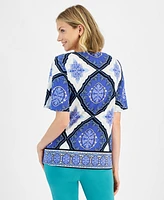 Jm Collection Women's Printed Square Neck Short Sleeve Top, Created for Macy's